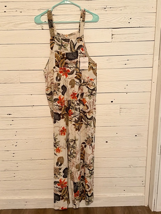 Pants - Floral Linen Blend Women's Jumpsuit - Cream with Orange & Green Print